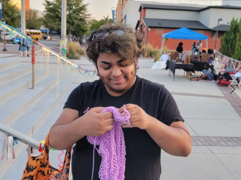 Kiran Kumar handknitting at Brock Commons. Photo credit to Sydney Haulenbeek.