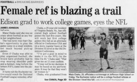 A news article from the Democrat and Chronicle’s ROC Sports section on July 2, 2011, highlights Maia Chaka’s move up to Division I officiating.   