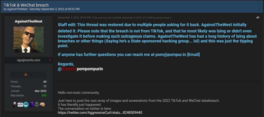 The original post on Breached Forums with commentary from the site owner.