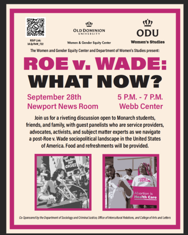 "Roe v. Wade: What Now," will be held on Sept. 28 in the Newport News Room from 5-7 P.M. All students, friends and family are welcome to attend (Flyer Designed by Mason Kennedy).