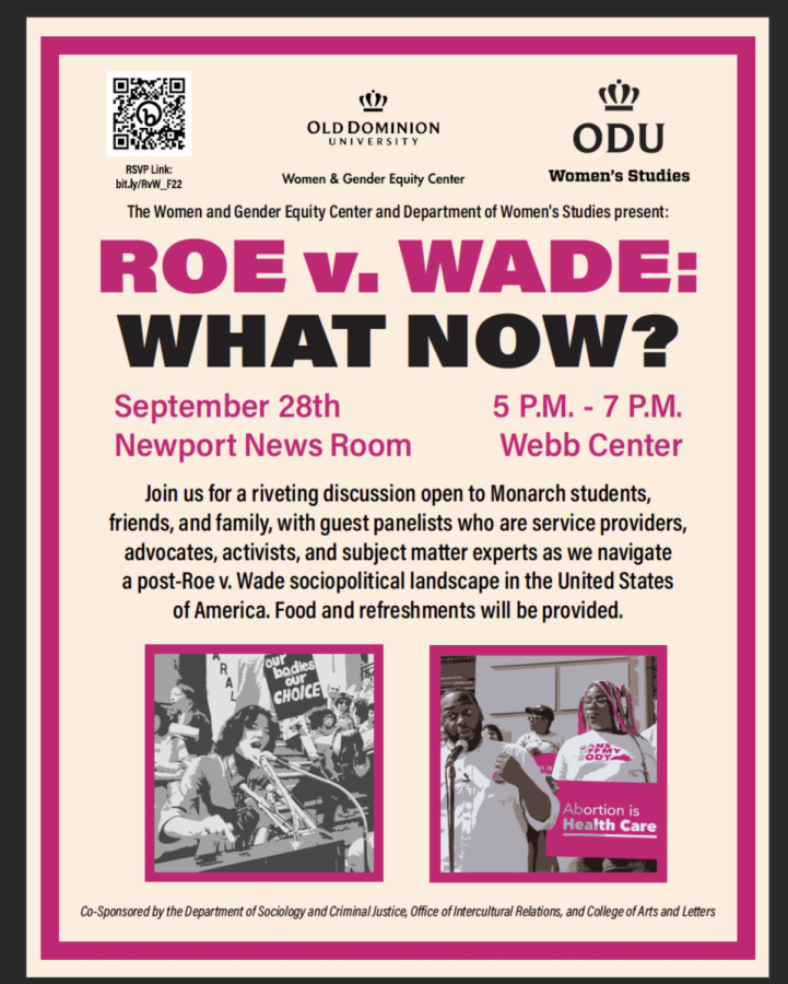 Roe v. Wade: What Now, will be held on Sept. 28 in the Newport News Room from 5-7 P.M. All students, friends and family are welcome to attend (Flyer Designed by Mason Kennedy).