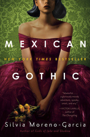 The book cover for “Mexican Gothic” by Silvia Moreno-Garcia. A woman wearing a purple dress sits against a paisley green background, holding a bouquet of yellow flowers. Photo courtesy Penguin Random House. 