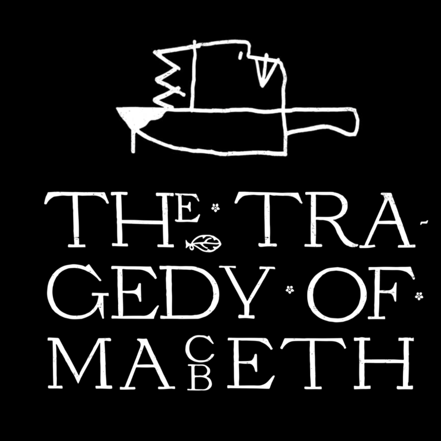 The image depicts a black movie poster with white lettering. Written at the bottom is ‘The Tragedy of Macbeth’ and at the top is a small linework image of a rudimentary face and knife design. Photo courtesy of IGN.