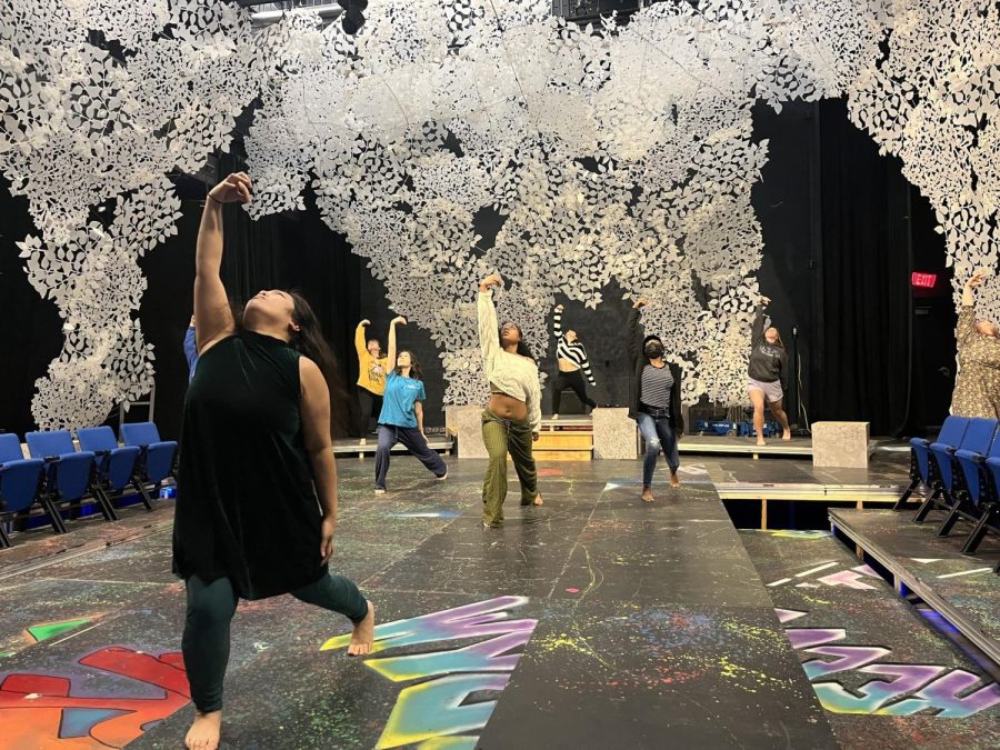 Actors rehearse “Artemis, I”, a contemporary Greek tragedy coming to ODU on Feb. 23, 2023.  From left to right: MK Martey, Tahji McCombs, Sofia Valerio, Anna Sosa, Brooke Mullins, Kendra Blount and Makena Salyer. Photo courtesy of ODU Theatre & Dance. Photo credit to Deborah Wallace.