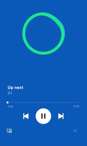 A screenshot of the AI DJ named X or Xavier. The skip set button can be seen right next to the Share icon at the bottom right. All rights reserved to Spotify.