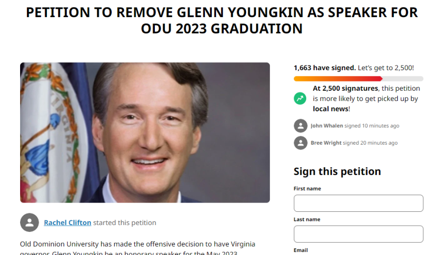 The Change.org petition created by an ODU alumna to prevent Gov. Youngkin from speaking at the 2023 undergraduate commencement.