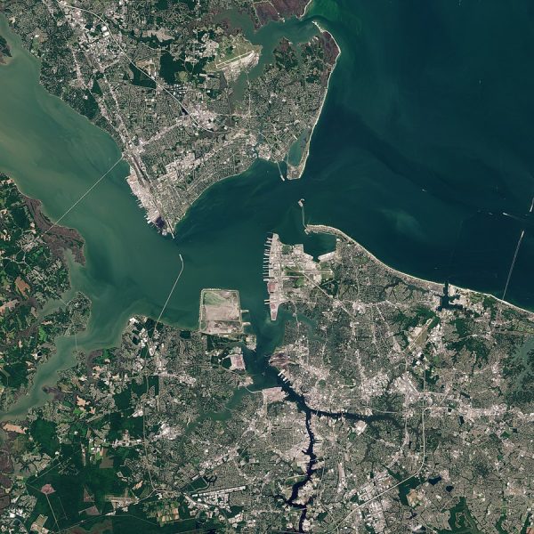 Hampton Roads photo from an aerial view. (Photo Credit: Copernicus Sentinel)