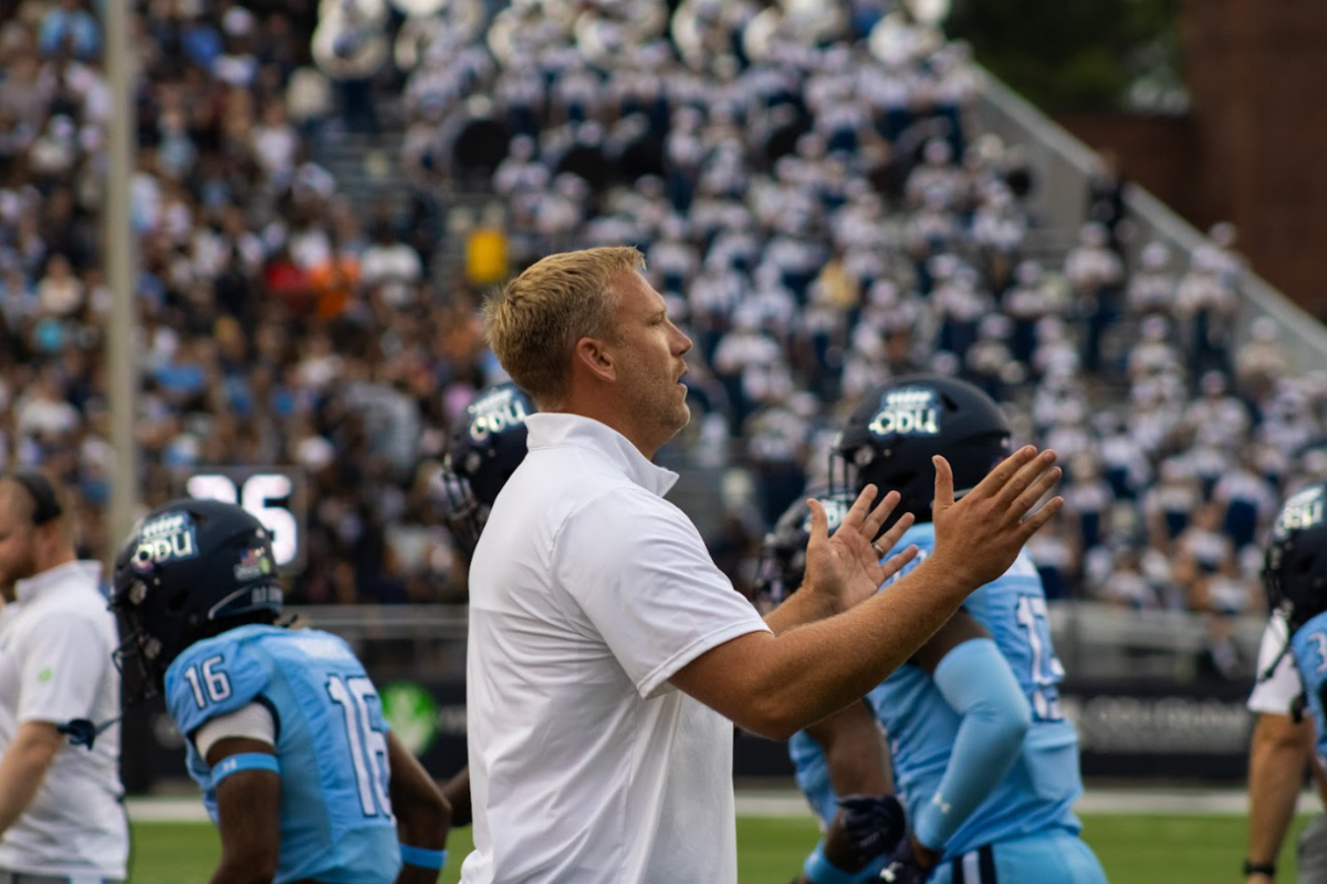 A frustrated Ricky Rahne looks on as events unfold in ODU-VT on Saturday. 