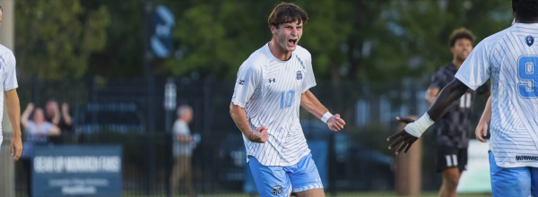 Junior forward Michael Eberle celebrates his goal against William & Mary earlier this season. 