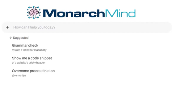 The MonarchMind artificial intelligence homepage captured from a live demonstration