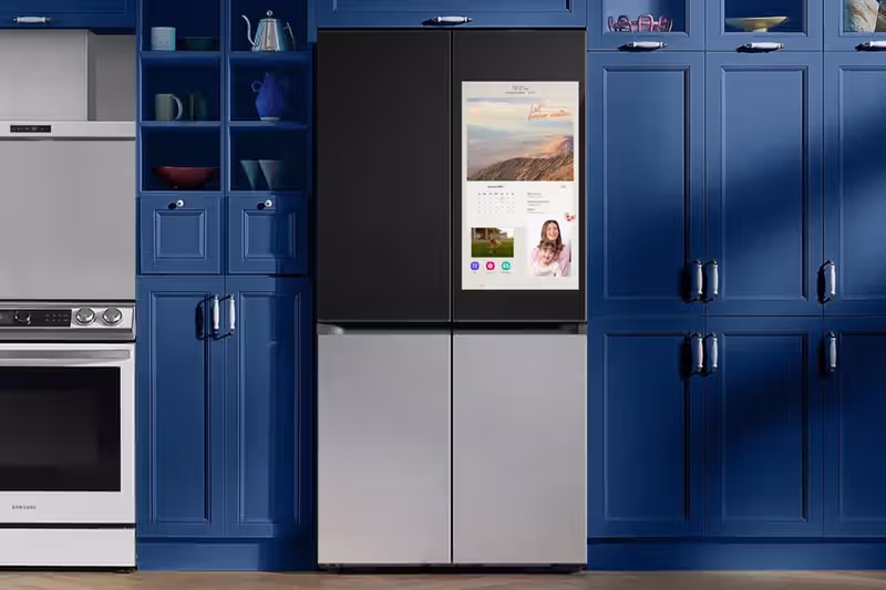 Samsung FamilyHub refrigerator showcasing the cover screen. (Credit: Samsung)