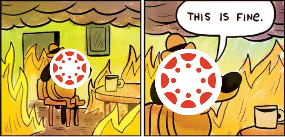 A Canva edited image of the original KC Green comic, "This is fine." The Canvas logo is placed on top of the dog in this case.