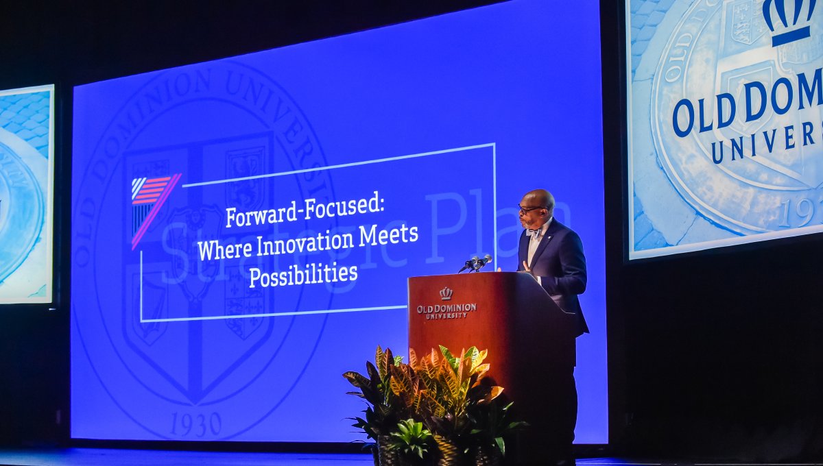 President Brian Hemphill delivers the State of the University Address on September 2, 2022. Photo courtesy of Old Dominion University.